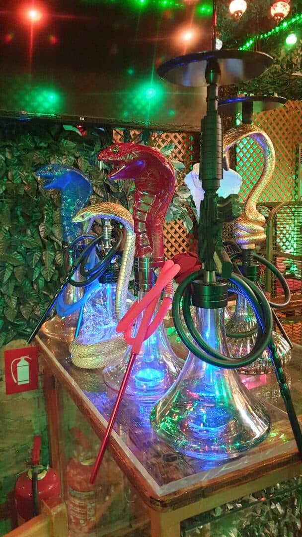 Vibrant shisha hookahs with colorful lights at Relax Cafe.