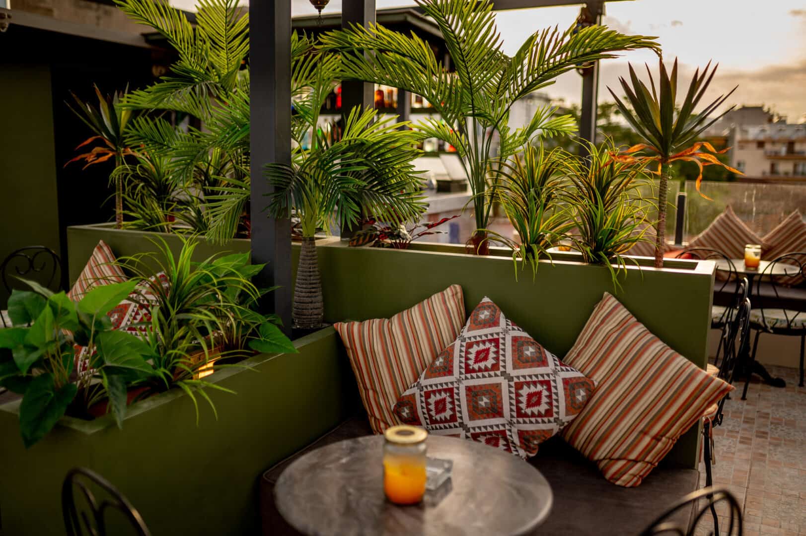 Cozy outdoor lounge with lush plants and colorful cushions at Shisha Break.